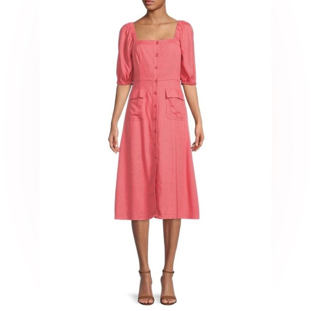 BCBGMAXAZRIA Linen Blend Short Sleeve A-Line Midi Day Dress 8